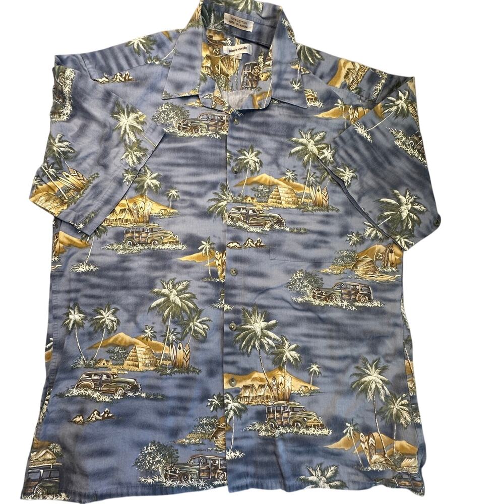 Pierre Cardin Hawaiian Button Up Shirt Woody Surf Tropical Cotton L